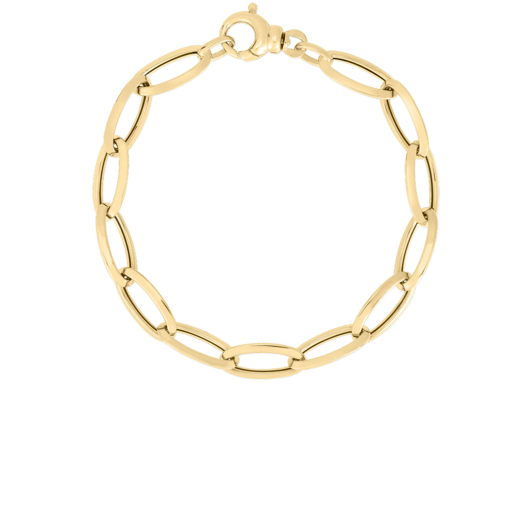 18K YELLOW DESIGNER GOLD KNIFE EDGE OVAL LINK LONG BRACELET