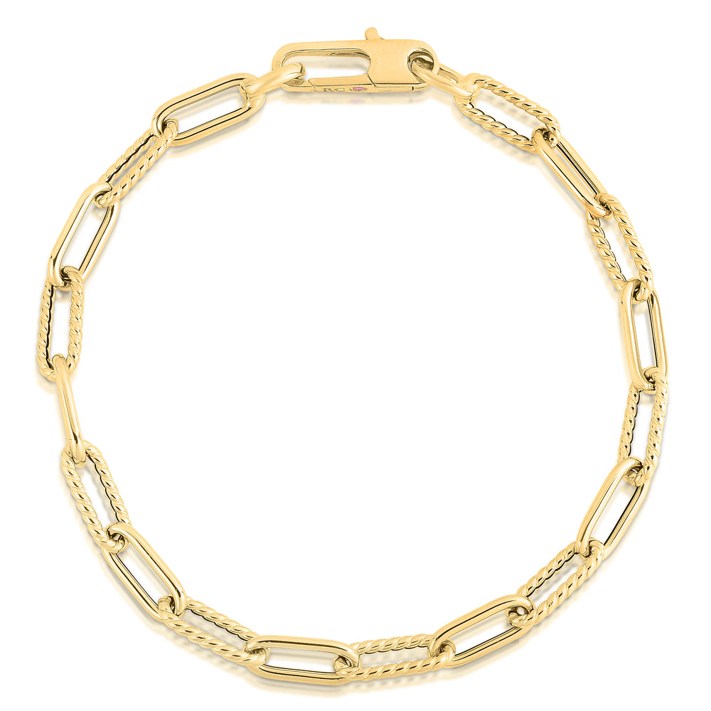 18K YELLOW DESIGNER GOLD ALTERNATING POLISHED AND FLUTED PAPERCLIP LINK BRACELET