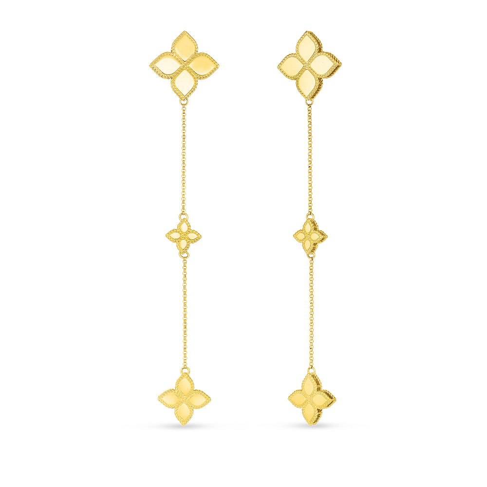 18K YELLOW GOLD PRINCESS FLOWER LONG DANGLE EARRINGS