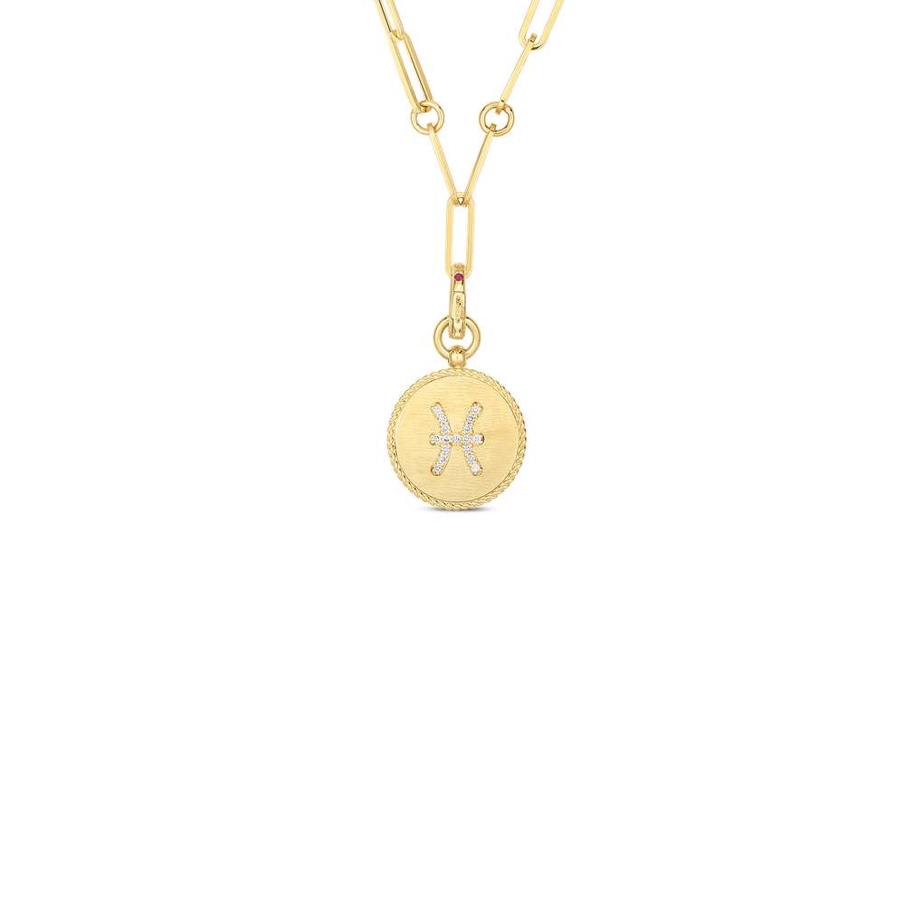 18K YELLOW GOLD VENETIAN PRINCESS DIAMOND PISCES ZODIAC MEDALLION NECKLACE