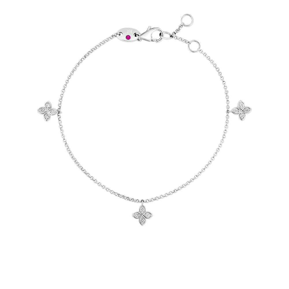 18K WHITE GOLD LOVE BY THE INCH DANGLING 3 STATION DIAMOND FLOWER BRACELET
