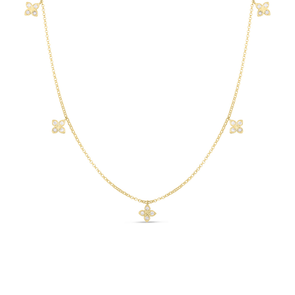 18K YELLOW GOLD LOVE BY THE INCH DANGLING 5 STATION DIAMOND FLOWER NECKLACE