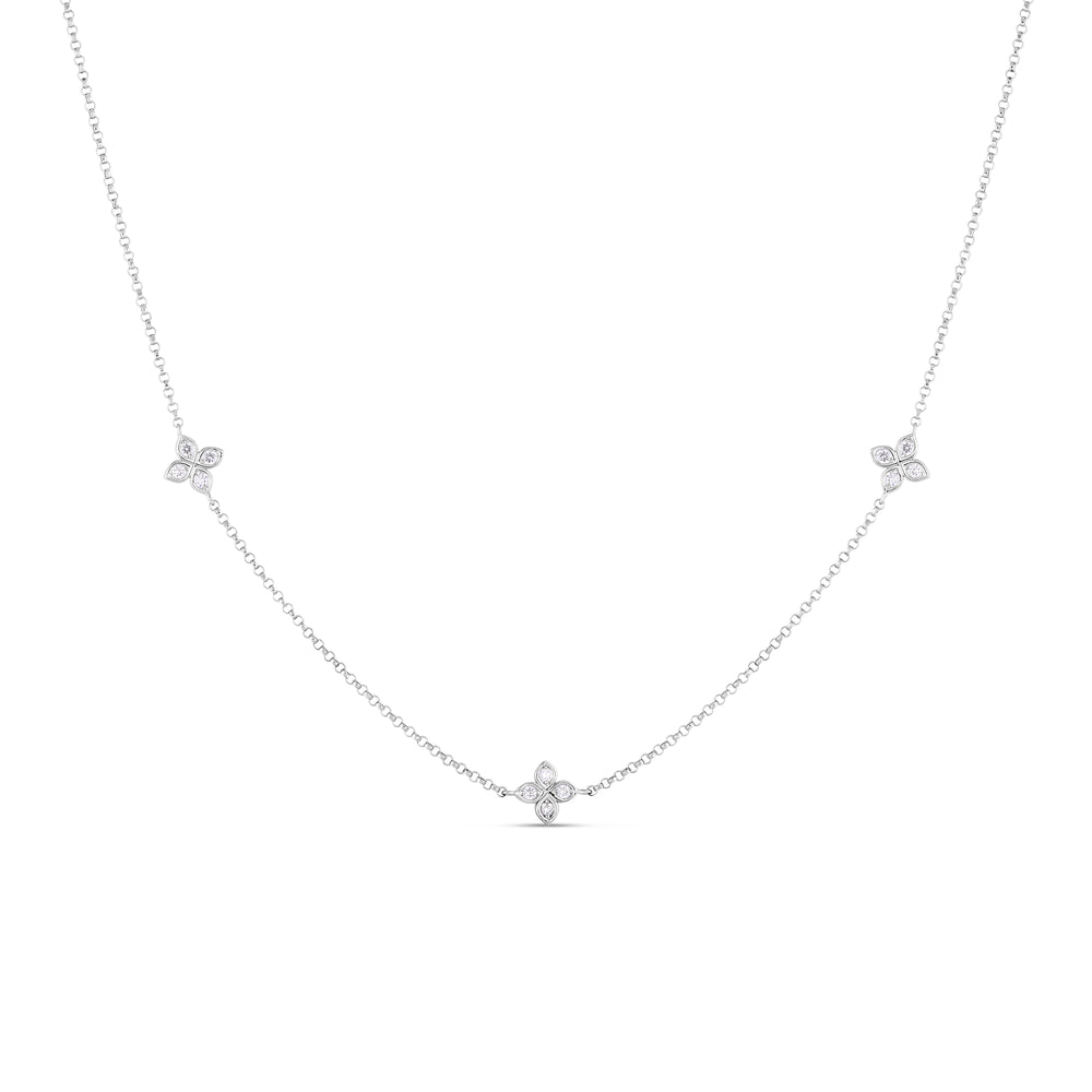 18K WHITE GOLD LOVE BY THE INCH 3 STATION DIAMOND FLOWER NECKLACE