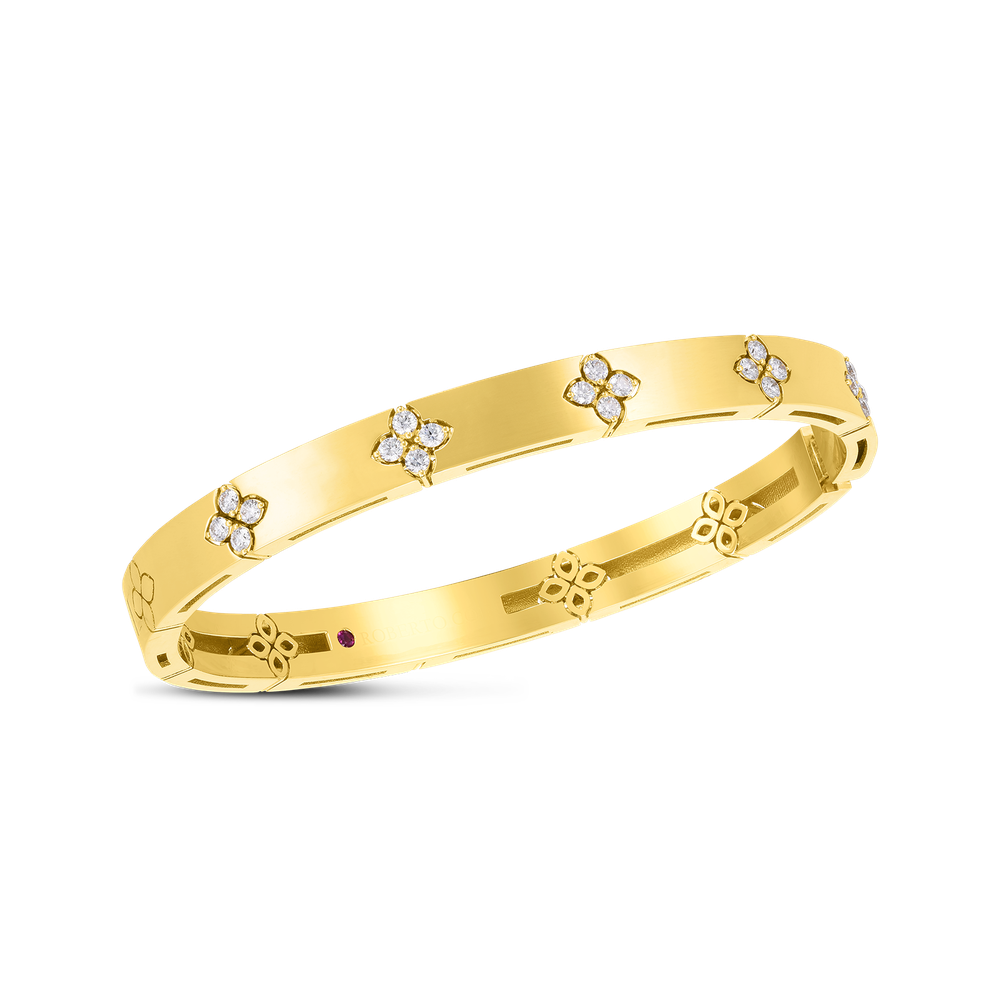 18K GOLD LOVE IN VERONA MEDIUM WIDTH DIAMOND ACCENT BANGLE - 18K Yellow Gold