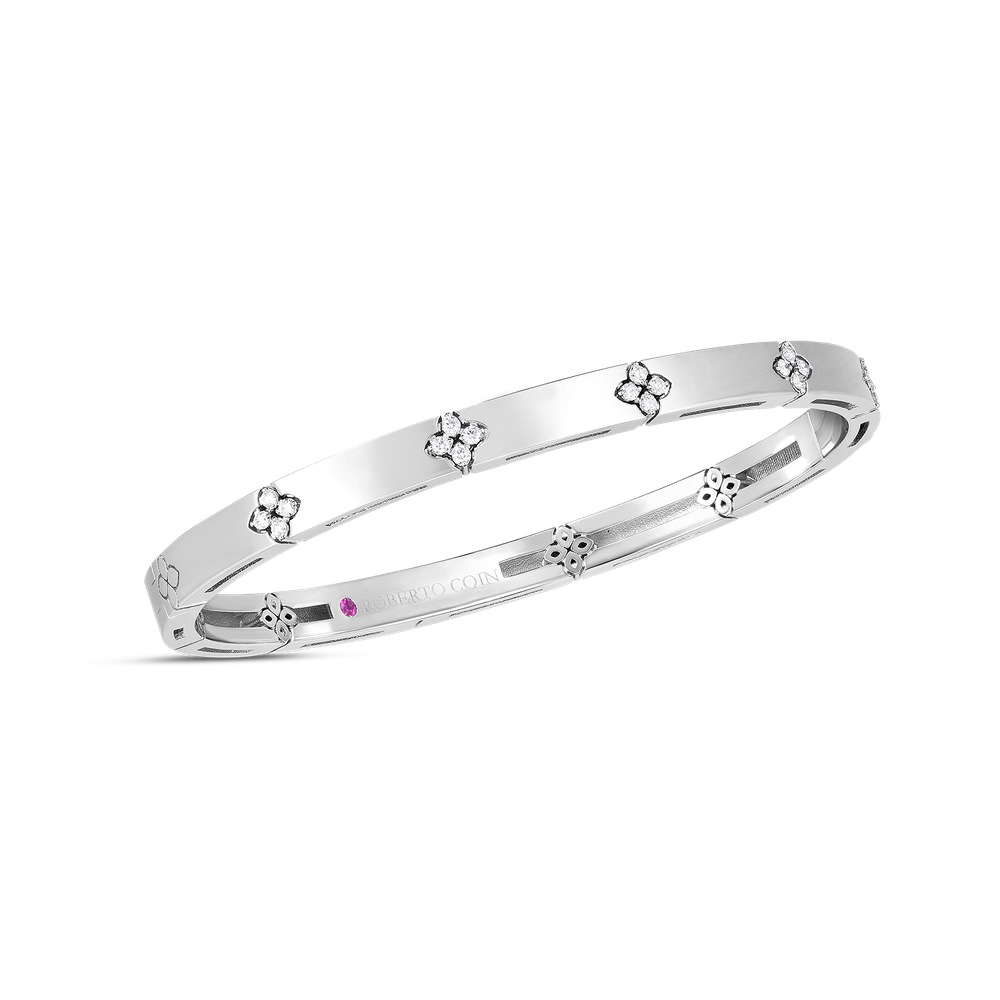 18K GOLD LOVE IN VERONA NARROW WIDTH DIAMOND ACCENT BANGLE - 18K White Gold