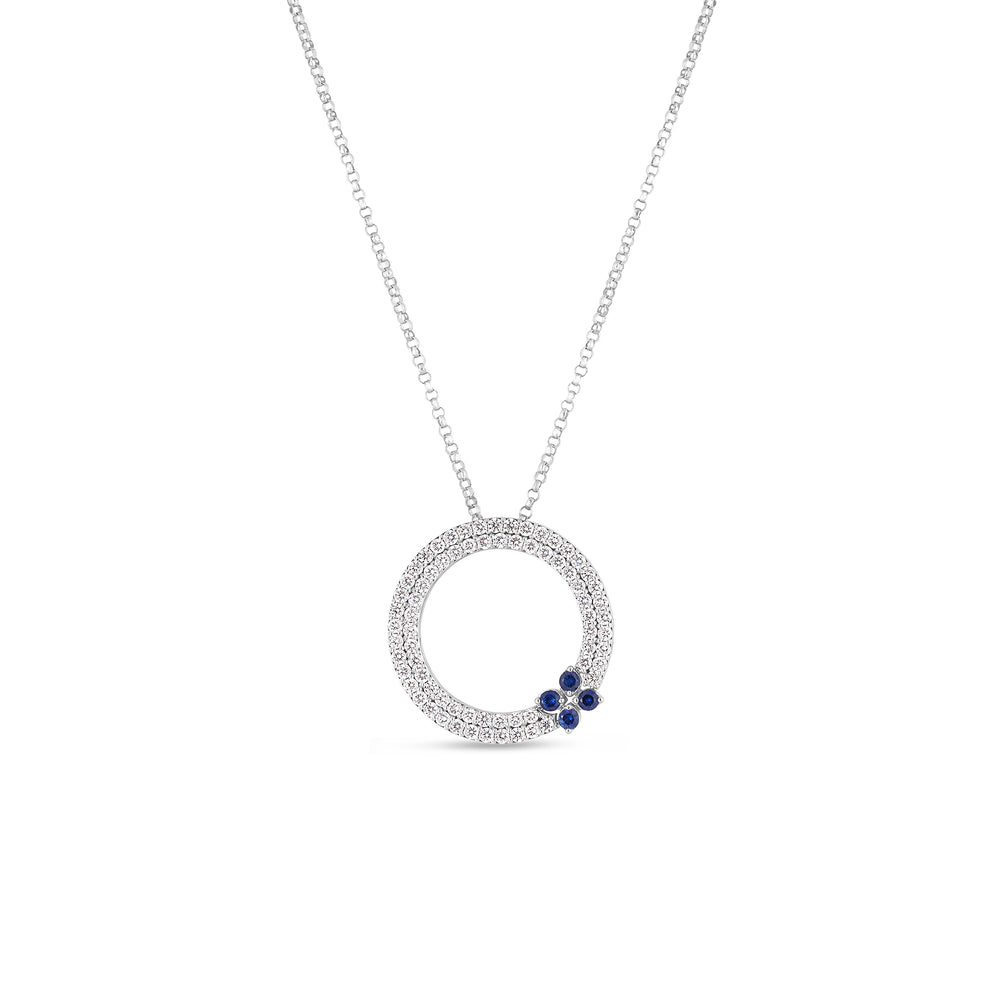 18K WHITE GOLD LOVE IN VERONA DIAMOND AND BLUE SAPPHIRE CIRCLE NECKLACE