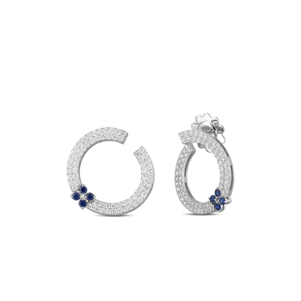 18K WHITE GOLD LOVE IN VERONA DIAMOND AND BLUE SAPPHIRE CIRCLE EARRINGS
