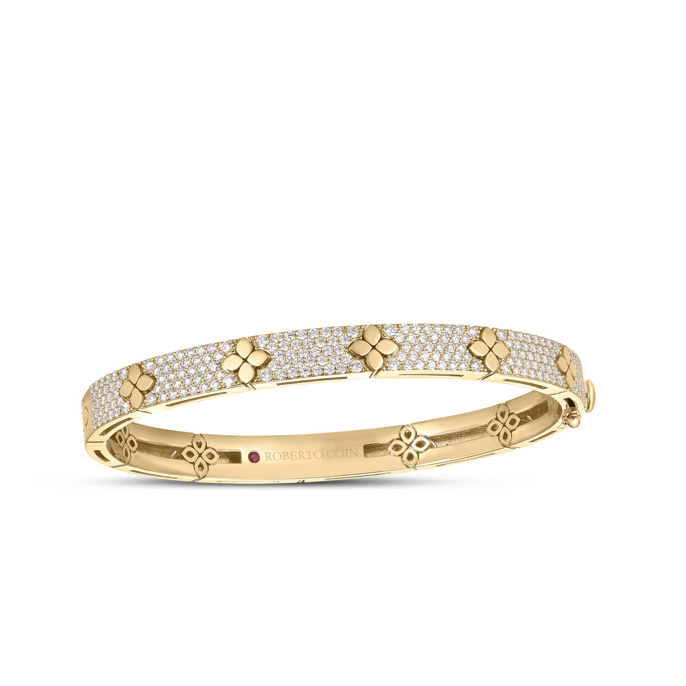 18K YELLOW GOLD LOVE IN VERONA PAVE DIAMOND & POLISHED FLOWER BANGLE