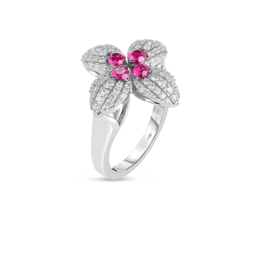 18K WHITE GOLD LOVE IN VERONA DIAMOND AND RUBY FLOWER RING