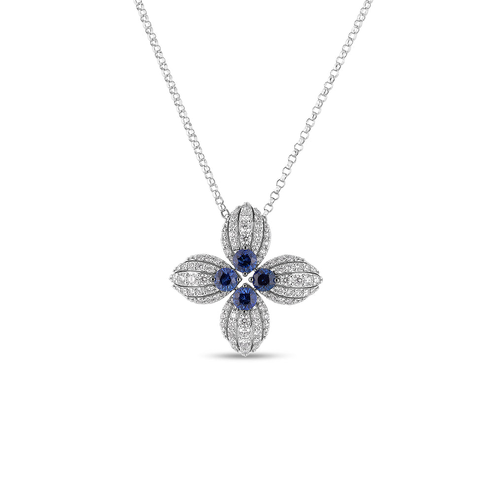 18K WHITE GOLD LOVE IN VERONA DIAMOND AND BLUE SAPPHIRE FLOWER NECKLACE