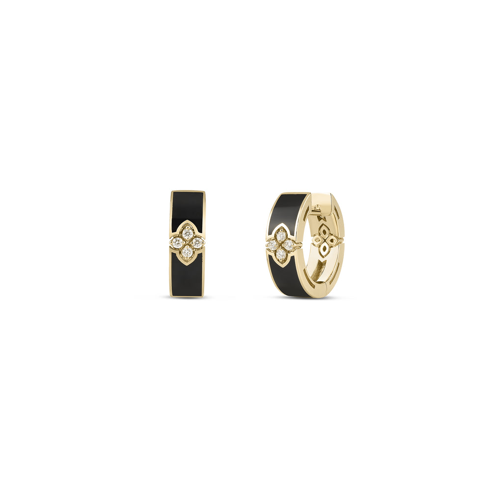 18K YELLOW GOLD LOVE IN VERONA DIAMOND AND BLACK ENAMEL HOOP EARRINGS