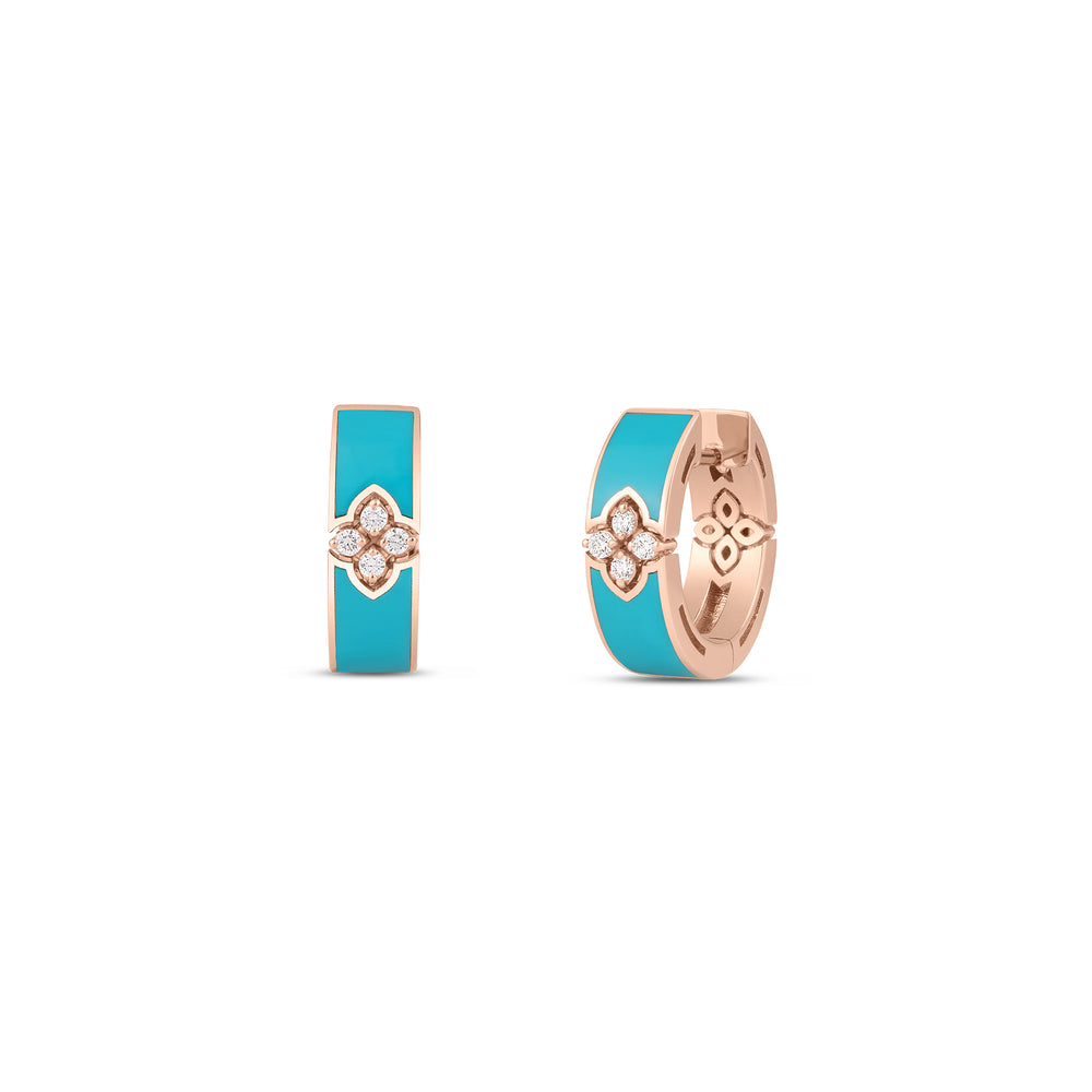18K ROSE GOLD LOVE IN VERONA DIAMOND AND CYAN ENAMEL HOOP EARRINGS