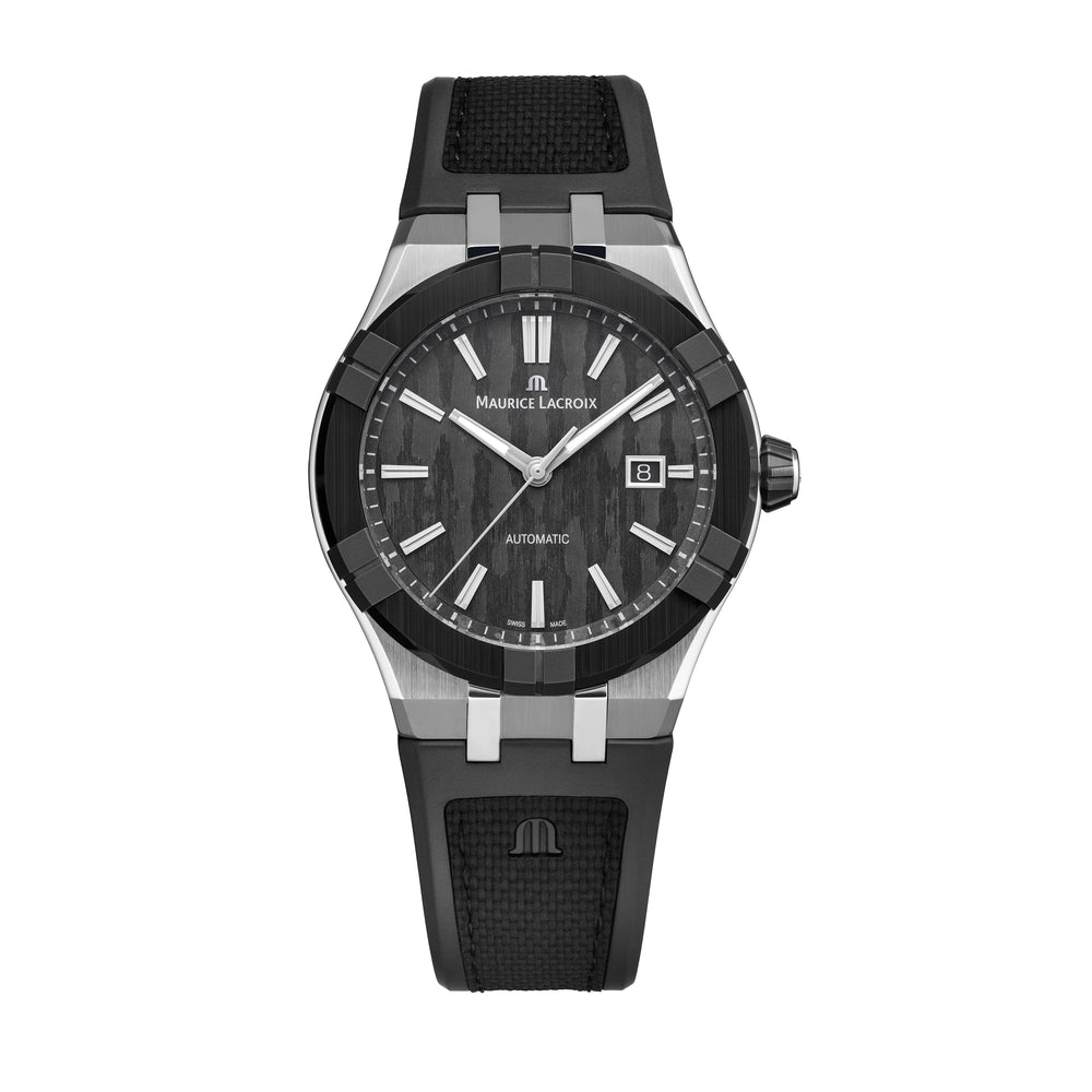 AIKONIC Automatic Date 43mm - Stainless steel with black ceramic bezel - Carbon, vertical pattern - Black rubber with black fabric pattern