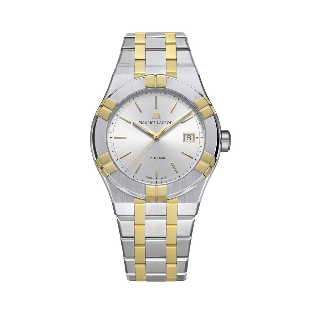 AIKON Quartz Date 40mm - Two-tone stainless steel and 2N gold PVD - Silver, sun-brushed - Two-tone stainless steel and 2N gold PVD