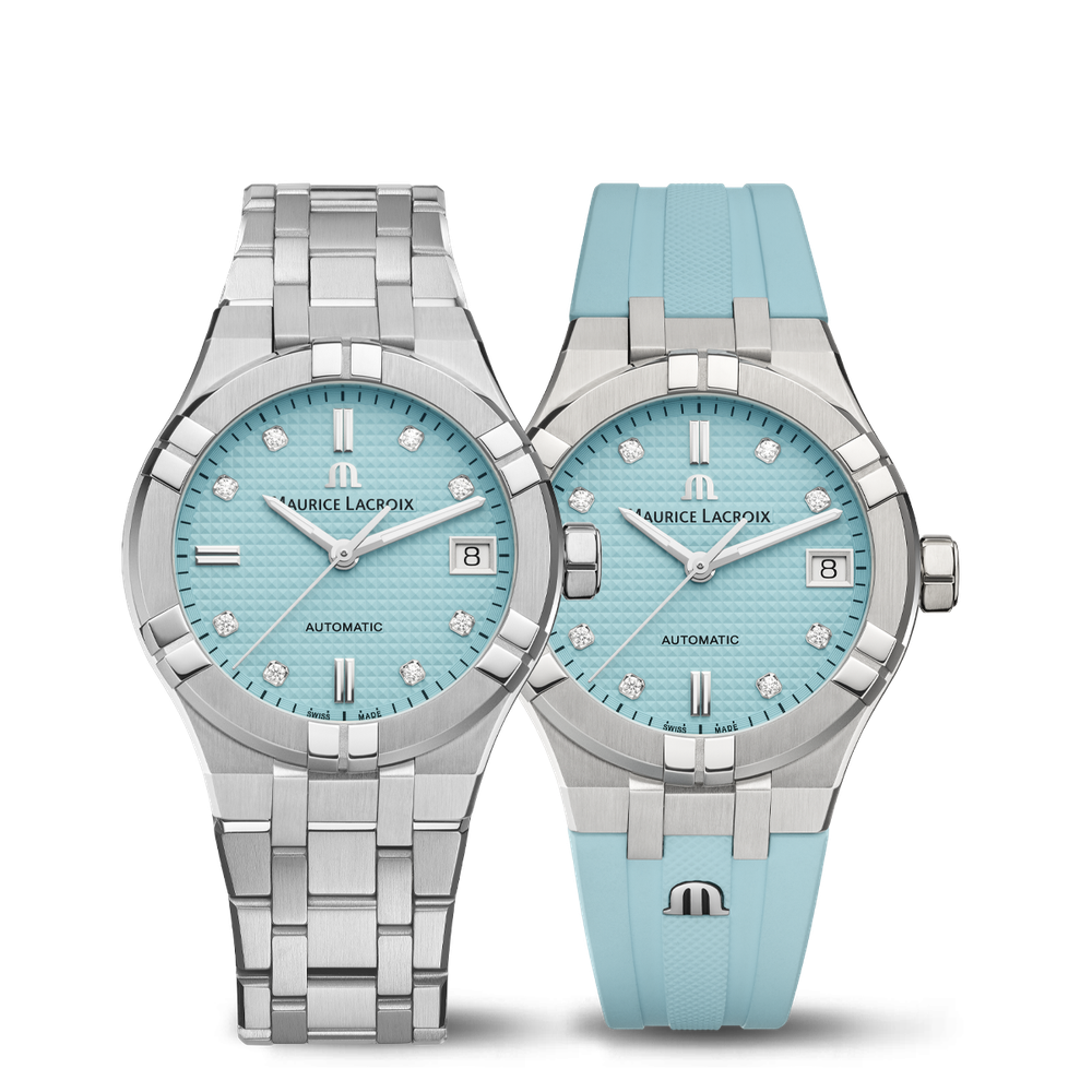 AIKON Automatic Date 35mm Limited Ed. Summer Vibes - Stainless steel - Turquoise, Clous de Paris patterned, set with diamonds - Stainless steel + Turquoise rubber
