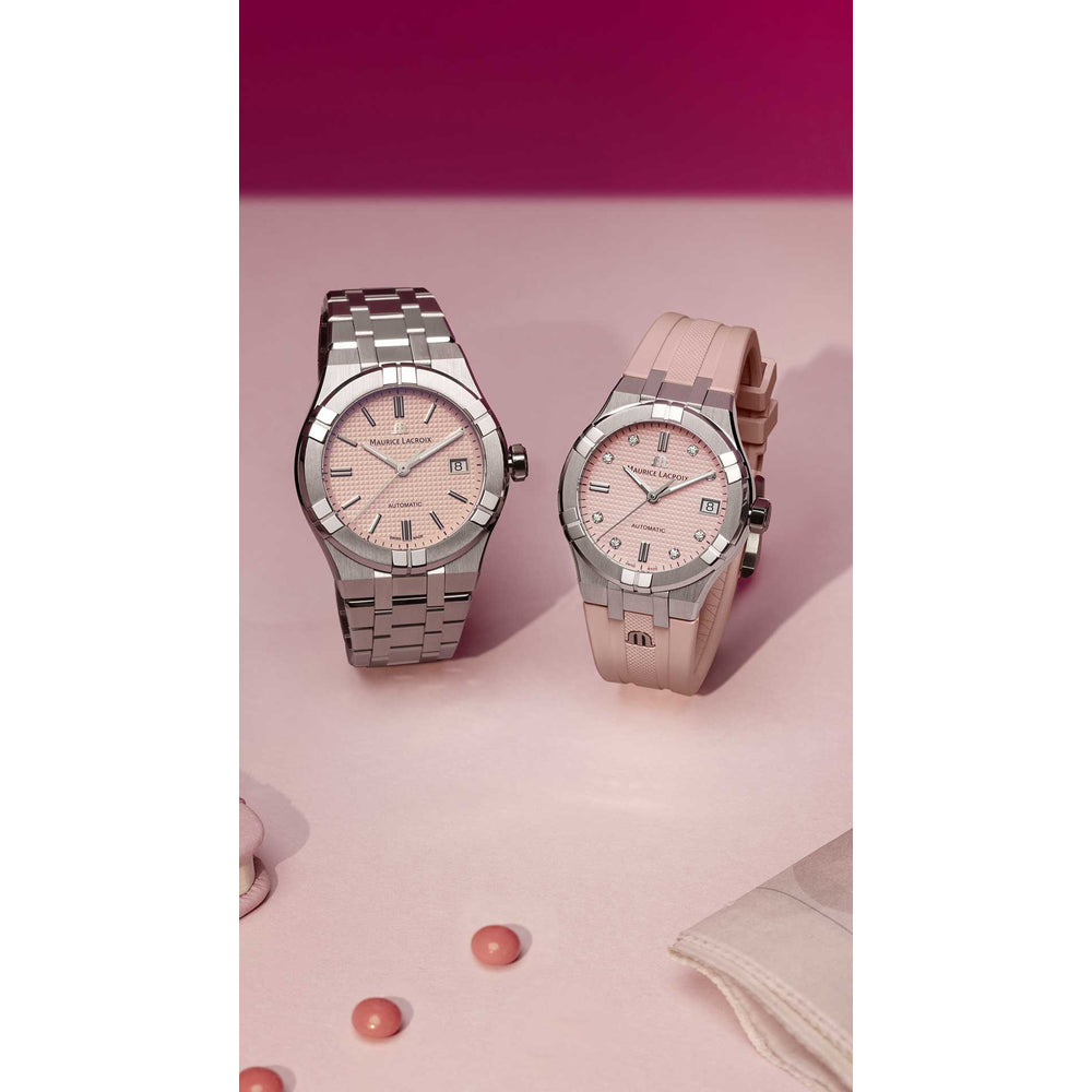 AIKON Automatic Date 35mm Limited Ed. Summer Vibes - Stainless steel - Pink, Clous de Paris patterned, set with diamonds - Stainless steel + Pink rubber