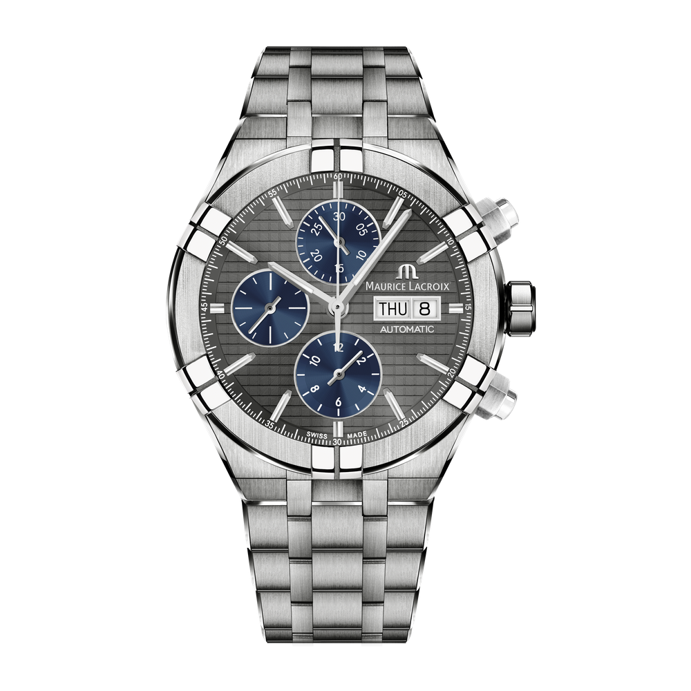 AIKON Automatic Chronograph 44mm - Titanium - Gun grey and blue, sun-brushed squares, polished rings, snailed counters - Titanium