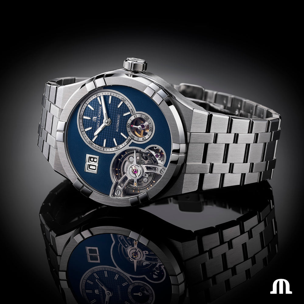 AIKON Automatic Manufacture Master Grand Date 45mm - Stainless steel - Blue, sand blasted - Stainless steel + Blue cordura calf leather