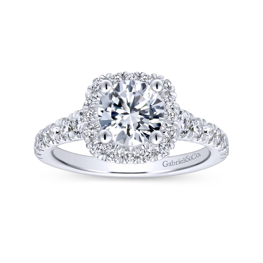 18K White Gold Cushion Halo Round Diamond Engagement Ring