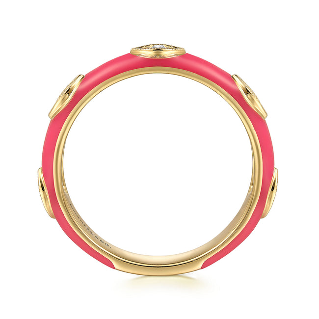 14K Yellow Gold Diamond Split Stackable with Fuchsia Enamel