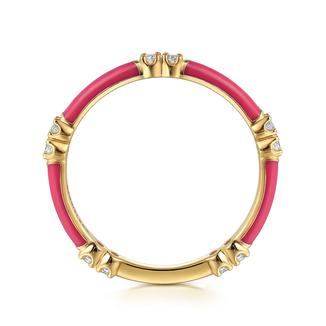 14K Yellow Gold Diamond Station Stackable with Fuchsia Enamel