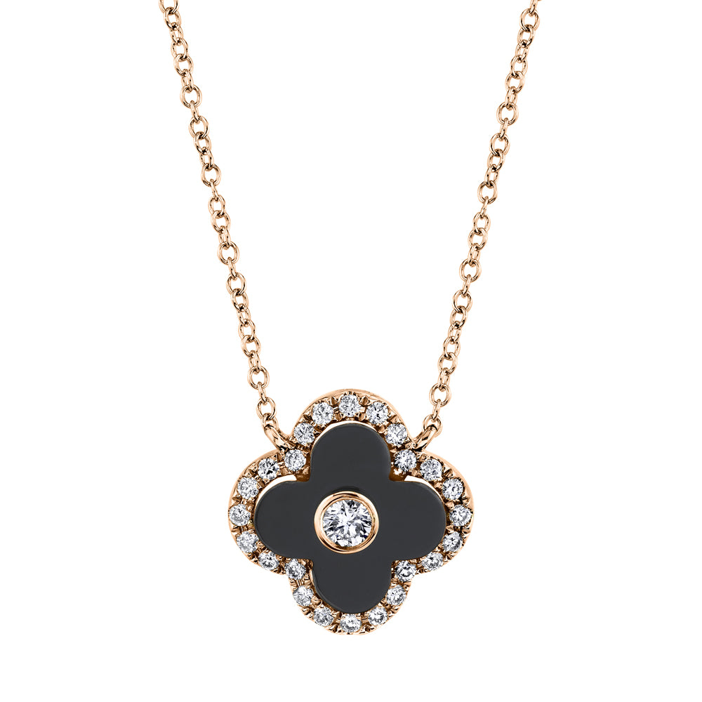 0.25Ct Diamond & 2.94Ct Black Onyx 14K R/G Bezel Clover Necklace