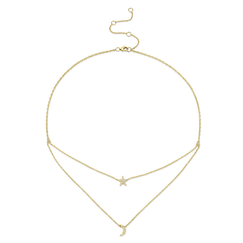 0.09Ct 14K Y/G Diamond Pave Moon & Star Necklace