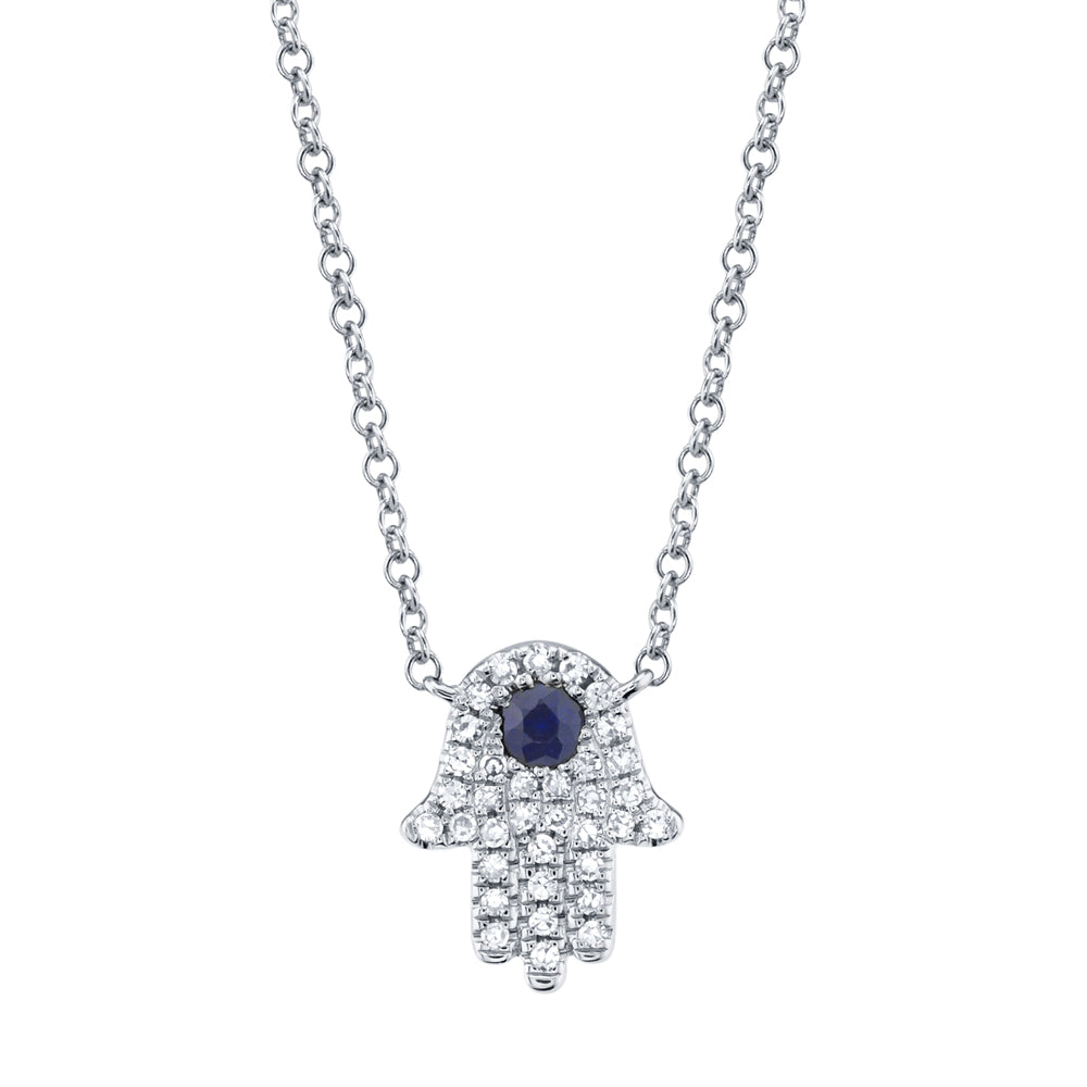 0.09Ct Diamond & 0.08Ct Blue Sapphire 14K W/G Hamsa Necklace