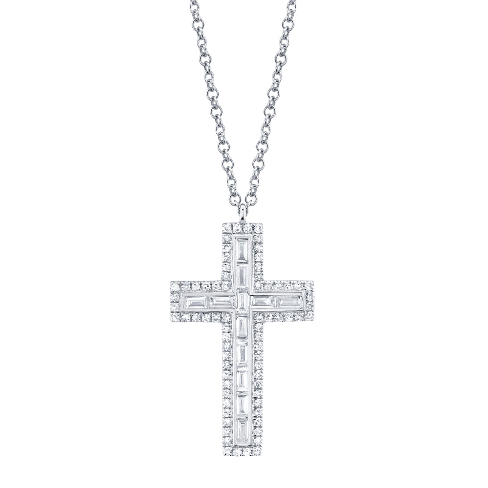 0.31Ct 14K W/G Diamond Baguette Cross Necklace
