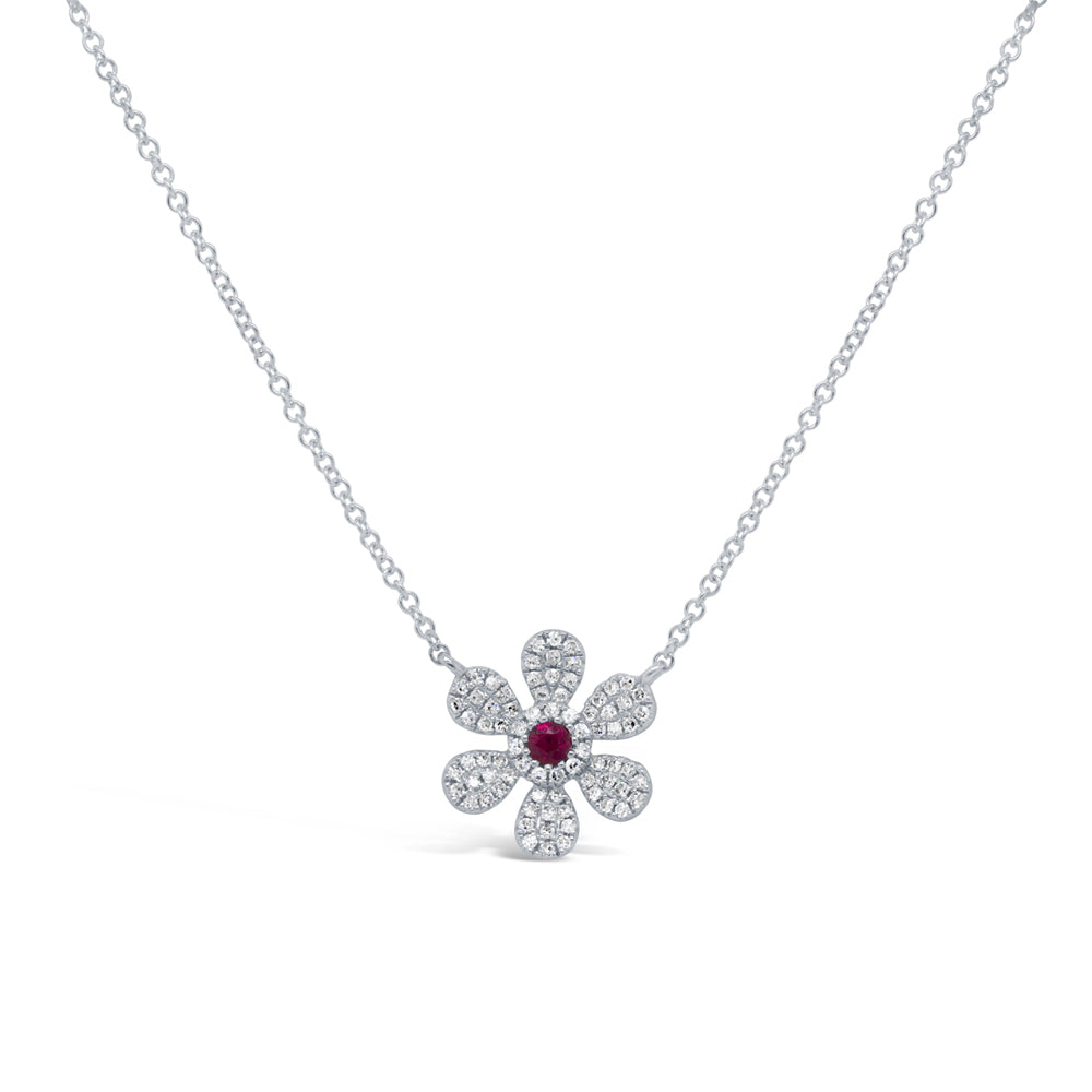 0.17Ct Diamond & 0.07Ct Ruby 14K W/G Flower Necklace