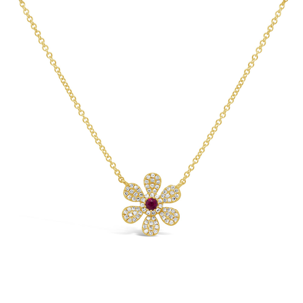 0.17Ct Diamond & 0.07Ct Ruby 14K Y/G Flower Necklace