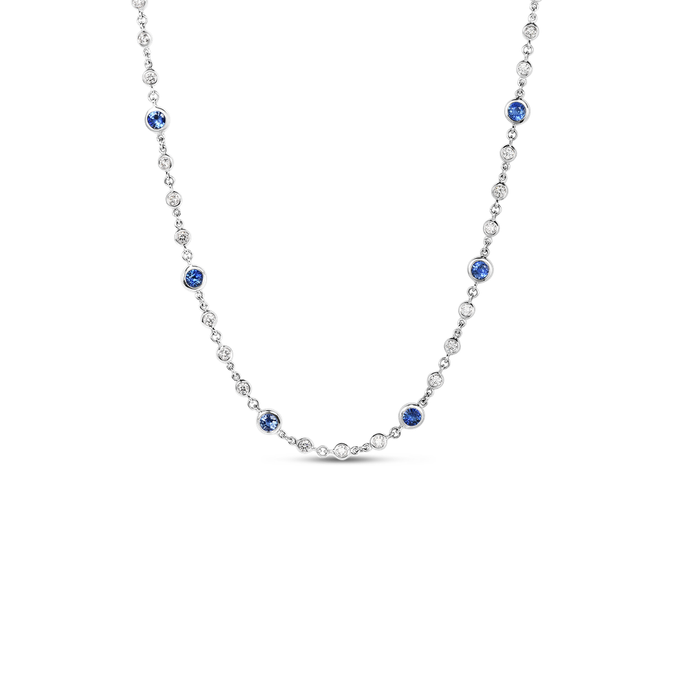18K WHITE GOLD DIAMONDS BY THE INCH DIAMOND AND BLUE SAPPHIRE STATION LONG NECKLACE