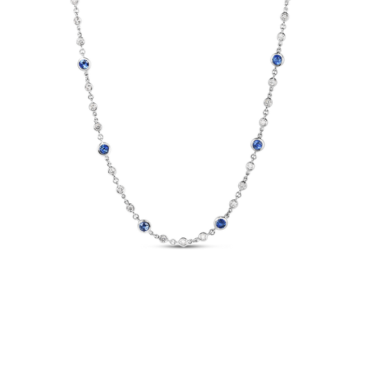 18K WHITE GOLD DIAMONDS BY THE INCH DIAMOND AND BLUE SAPPHIRE STATION LONG NECKLACE