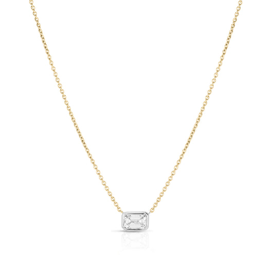 18K Y/W EAST-WEST SET EMERALD CUT DIAMOND SOLITAIRE NECKLACE