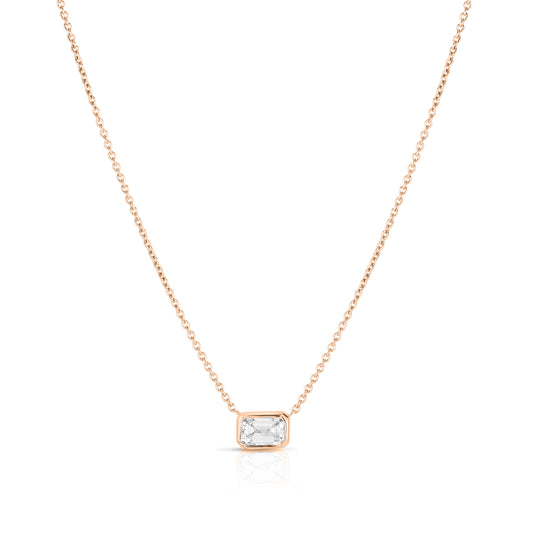 18K R EAST-WEST SET EMERALD CUT DIAMOND SOLITAIRE NECKLACE