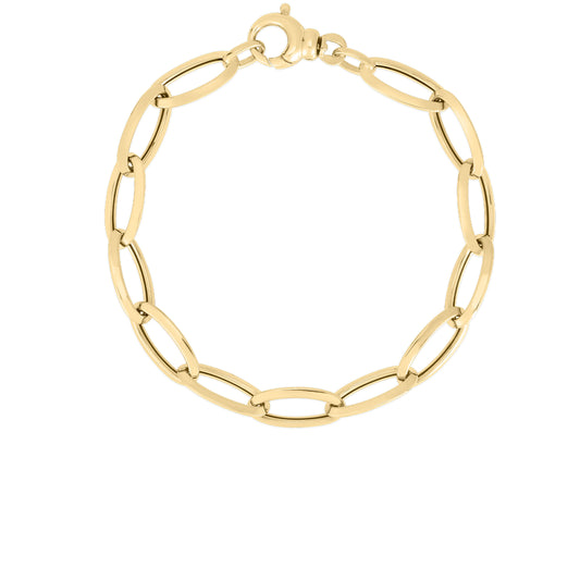 18K YELLOW DESIGNER GOLD KNIFE EDGE OVAL LINK LONG BRACELET