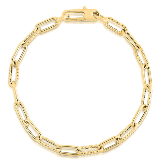 18K YELLOW DESIGNER GOLD ALTERNATING POLISHED AND FLUTED PAPERCLIP LINK BRACELET