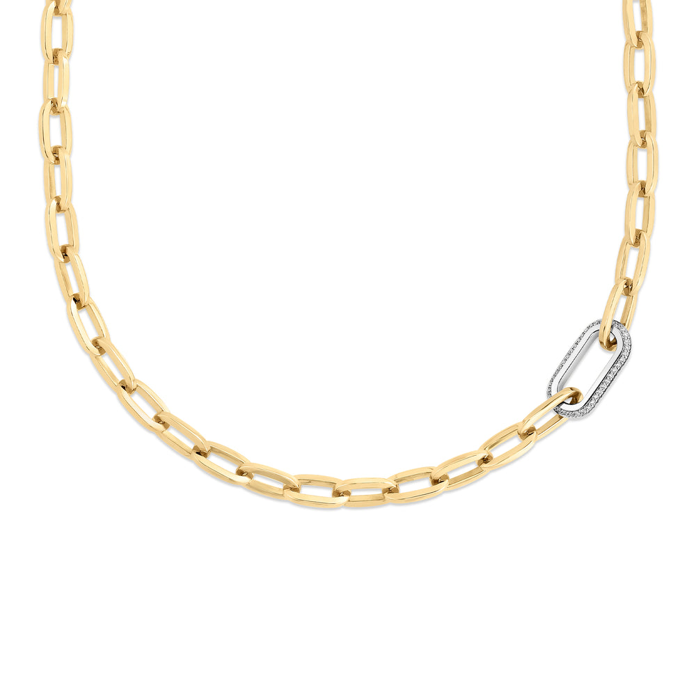 18K YELLOW/WHITE DESIGNER GOLD SINGLE LARGE DIAMOND LINK PAPERCLIP NECKLACE