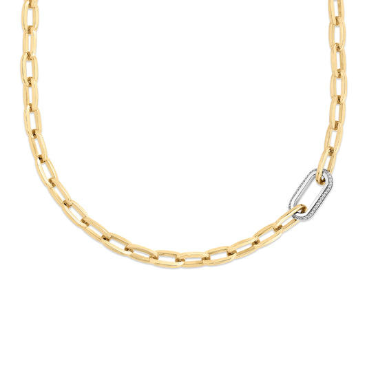 18K YELLOW/WHITE DESIGNER GOLD SINGLE LARGE DIAMOND LINK PAPERCLIP NECKLACE
