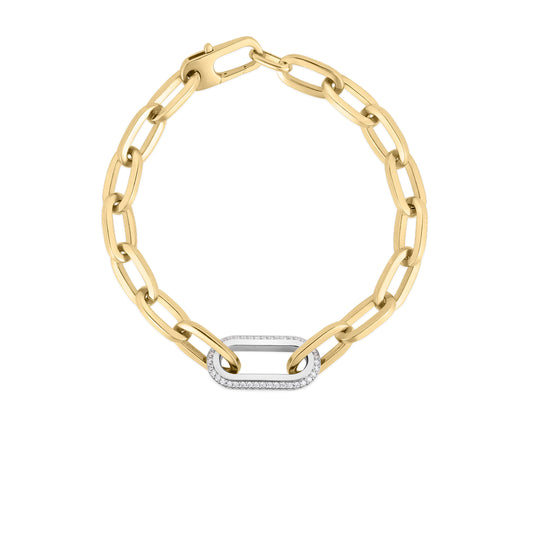 18K YELLOW/WHITE DESIGNER GOLD SINGLE LARGE DIAMOND LINK PAPERCLIP BRACELET