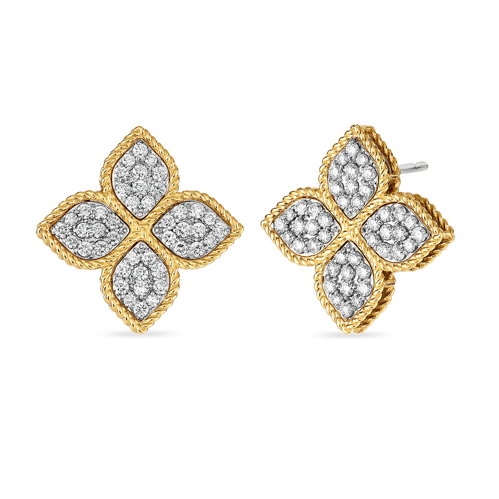 18K YELLOW/WHITE PRINCESS FLOWER LARGE DIAMOND STUD EARRINGS