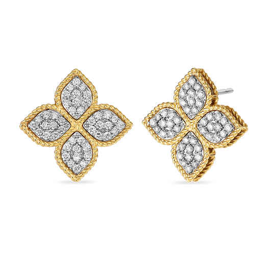 18K YELLOW/WHITE PRINCESS FLOWER LARGE DIAMOND STUD EARRINGS