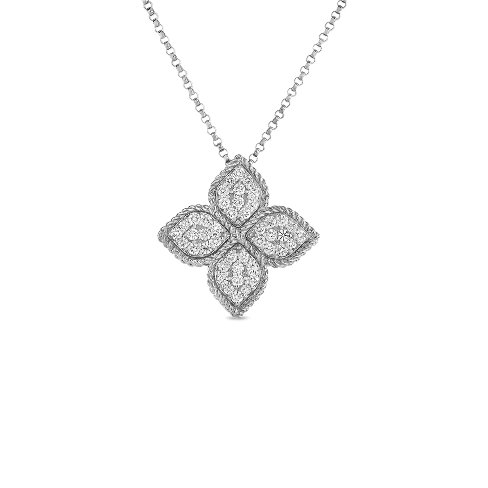18K GOLD PRINCESS FLOWER LARGE DIAMOND FLOWER NECKLACE - 18K White Gold