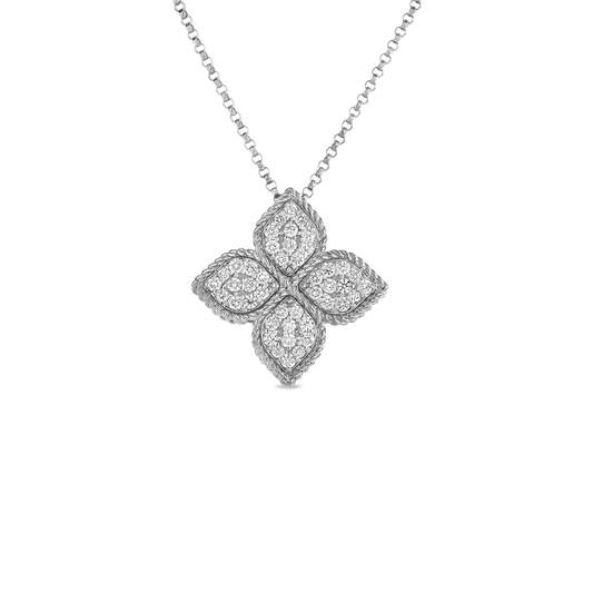 18K GOLD PRINCESS FLOWER LARGE DIAMOND FLOWER NECKLACE - 18K White Gold
