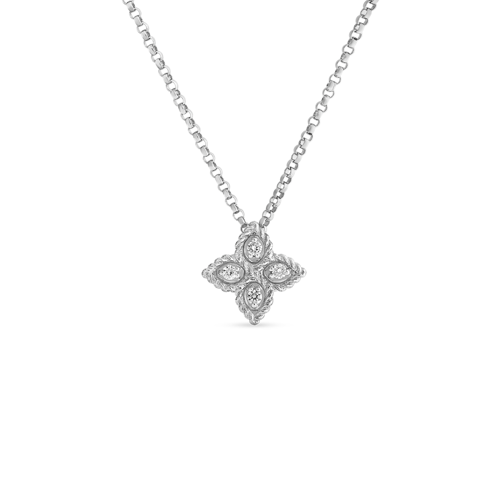 18K GOLD PRINCESS FLOWER SMALL DIAMOND NECKLACE - 18K White Gold