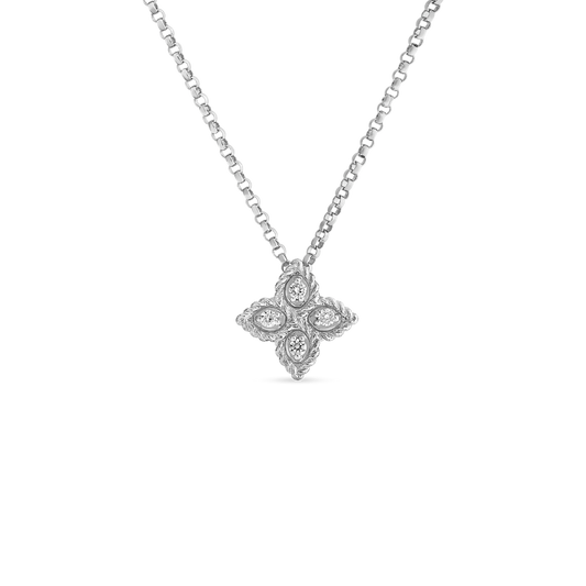 18K GOLD PRINCESS FLOWER SMALL DIAMOND NECKLACE - 18K White Gold