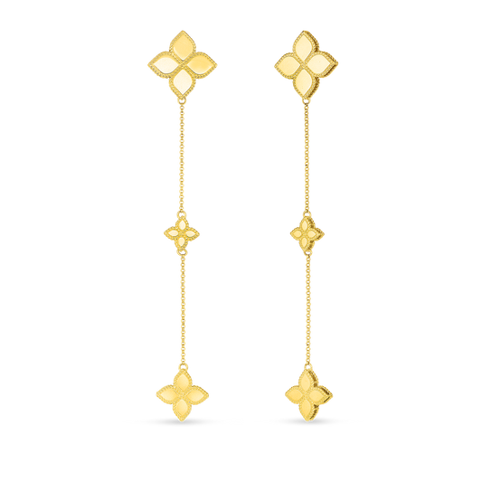 18K YELLOW GOLD PRINCESS FLOWER LONG DANGLE EARRINGS