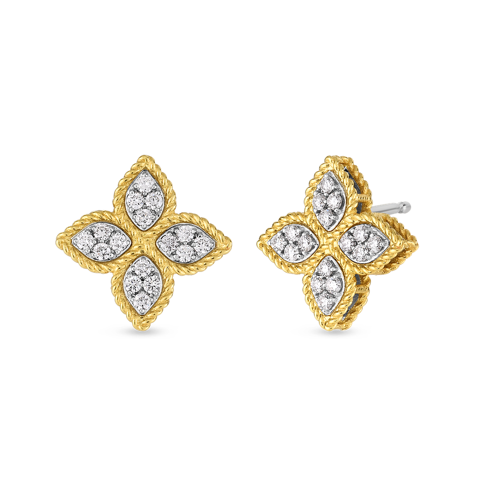 18K YELLOW/WHITE GOLD PRINCESS FLOWER MEDIUM DIAMOND STUD EARRINGS