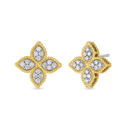 18K YELLOW/WHITE GOLD PRINCESS FLOWER MEDIUM DIAMOND STUD EARRINGS