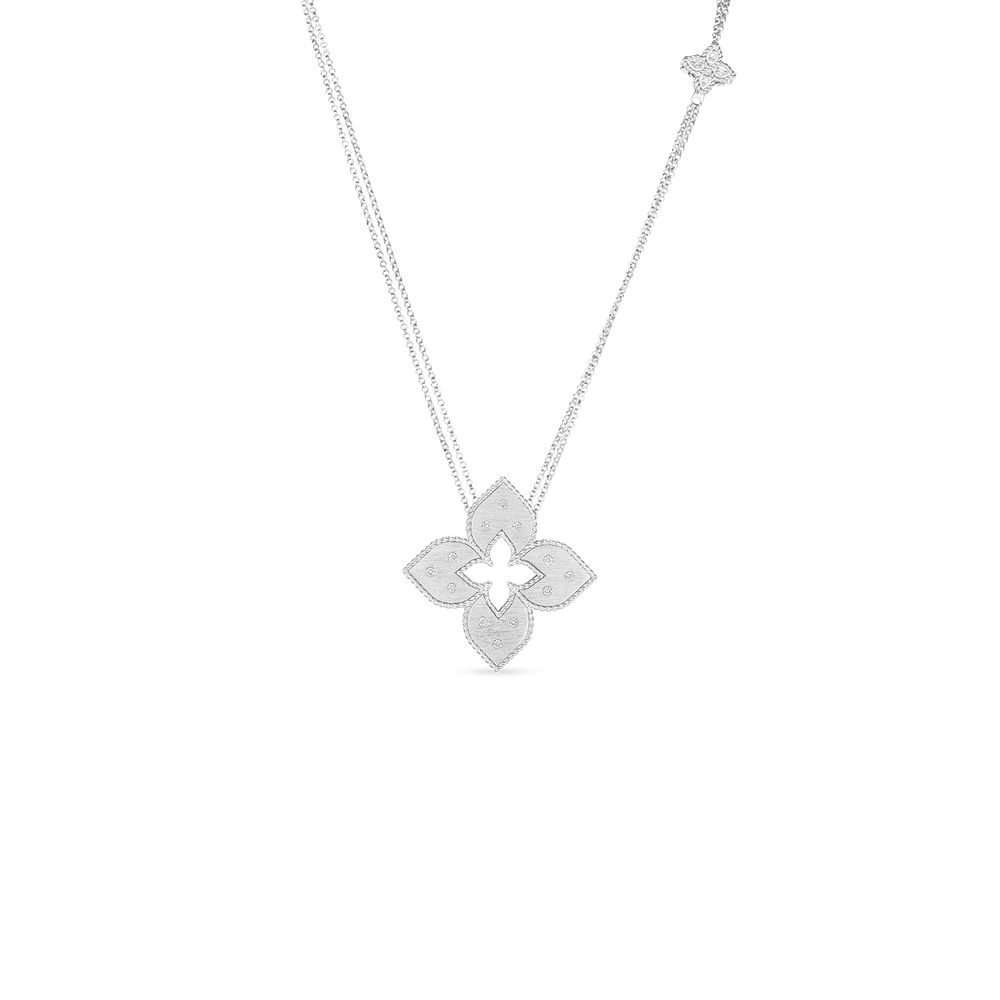 18K GOLD VENETIAN PRINCESS MEDIUM DIAMOND FLOWER LONG NECKLACE - 18K White Gold